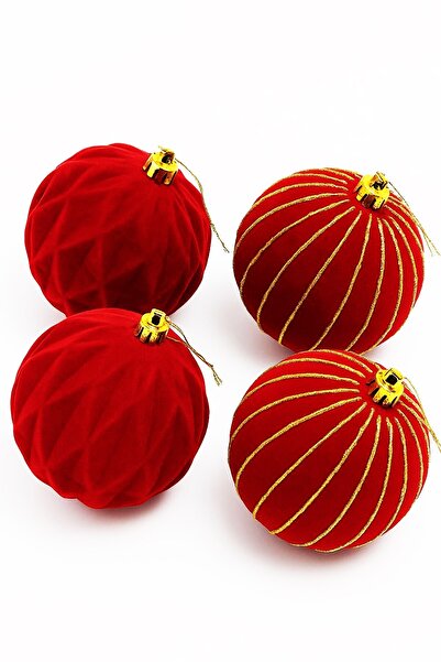 BeySüS Christmas Pine Tree Ornament Set of 4 Velvet Red Ball 10 cm