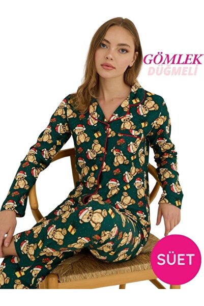 bie's Set de pijama de iarnă cu mâneci lungi, din piele intoarsa, subțire, cu guler, cu nasturi în față, din satin, cu buzunar la piept