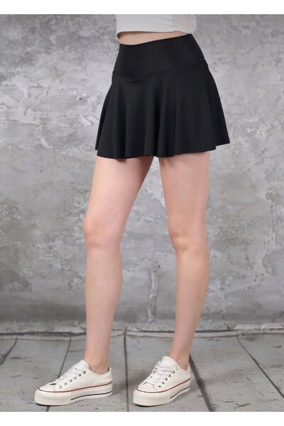ALKY STORE Kadın Siyah Kloş Esnek Likralı Spor Pileli Şort Etek
