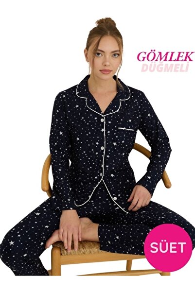 seamlife Women's Shirt Collar Front Buttoned Satin Piped Chest Pockets Thin Suede Winter Long Sleeve Pajama Set