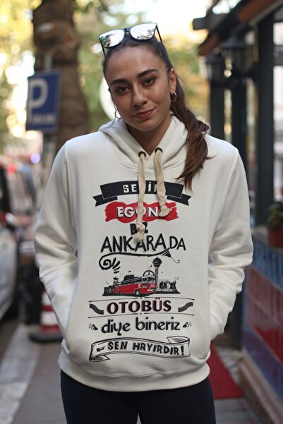 Ankara Tişörtleri %100 Pamuklu Kapüşonlu İçi Polarlı Beyaz Sweatshirt- Senin ...