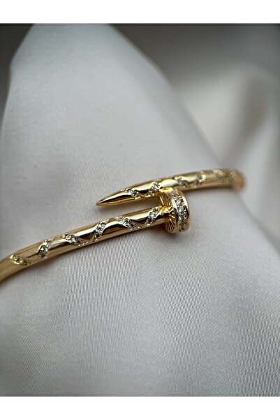 Luseda Gold Renk Zirkon Taşlı Civi Kelepçe Bileklik