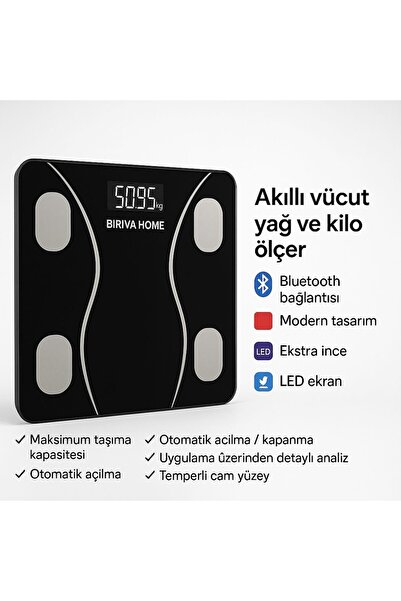 BİRİVA Yağ Ve Kas Vücut Kitle Endeksi Ölçerli Akıllı Tartı SİYAH