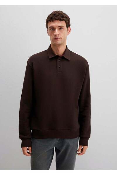 Mavi Yarım Düğmeli Kahverengi Erkek Sweatshirt