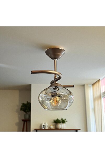 KUZENLER Kahverengi Metal Gövdeli Bal Camlı Tekli Modern Avize | E27 Duy | Sıcak Işık Etkili