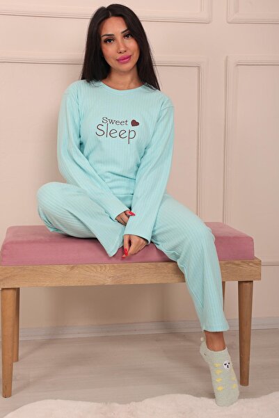 Niket Life Kadın Sweet Sleep Slogan İşlemeli Fitilli Bisiklet Yaka Uzun Kol Altı Uzun Pamuklu Pijama Takımı