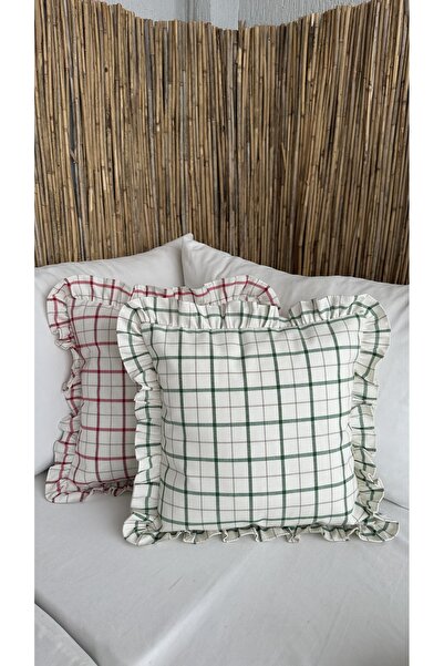 Decamor home Linen Ruffled Ecru Green Striped Throw Pillow Cover 1St. Quality 1 Piece