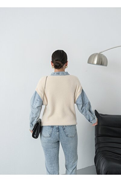 SOLİS MODA Denim Embellished Women's Sweater