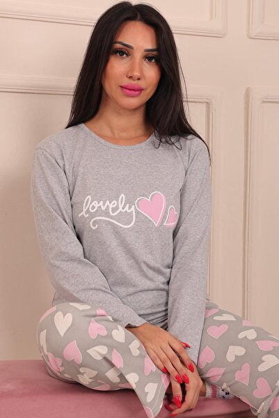 Niket Life Kadın Lovely Sloganllı ve Altı Kalp Desenli Bisiklet Yaka Uzun Kol Altı Uzun Penye Pijama Takımı