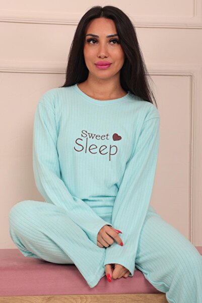 Niket Life Kadın Sweet Sleep Slogan İşlemeli Fitilli Bisiklet Yaka Uzun Kol Altı Uzun Pamuklu Pijama Takımı