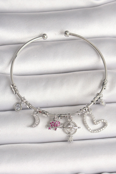 Skygo سوار نسائي من النحاس الفضي اللون متدلي بحجر الزركون على شكل كوكب وتفاصي...