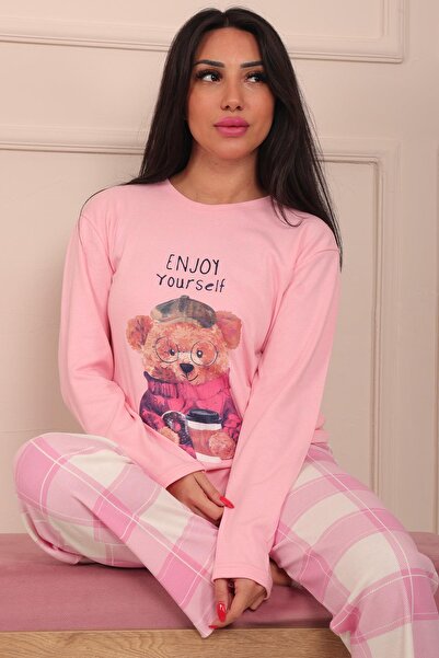 Niket Life Kadın Teddy Bear Desenli Sloganlı Bisiklet Yaka Uzun Kol Altı Uzun İnterlok Penye Pijama Takımı