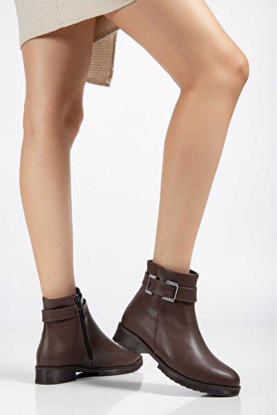 Hale Shoes Kahve Cilt Kadın Tokalı Fermuarlı Rahat Kışlık Bot Kaymaz Taban H012