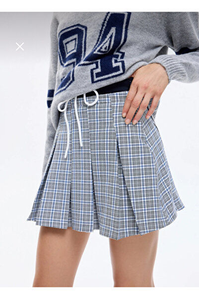 Butik Kadın, İçi Şort Astarlı, Beli Lastikli, Bağcıklı, Pileli, Ekoseli, Mini Etek Gri