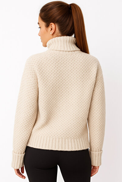 Hayalet Soft Textured Turtleneck Folded Sleeve Women's Knitwear Sweater