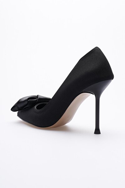 Mubiano Kadın Nubuk Yüksek Topuklu Ayakkabı 9.5 cm Saten Fiyonklu Siyah Roselle