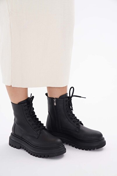 nuvilo Black Thick Sole Lace-Up Zipper Women's Boots