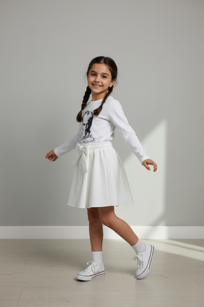 FATELLA Kız Çocuk Beyaz Uzun Kol Atatürk Tişört Beyaz Kloş Etek Gösteri Takım 23 Nisan 29 Ekim 10 Kasım