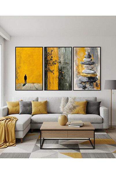 Linacci 3-Piece Black Metal Frame Gray Yellow Stone Glass Painting Set