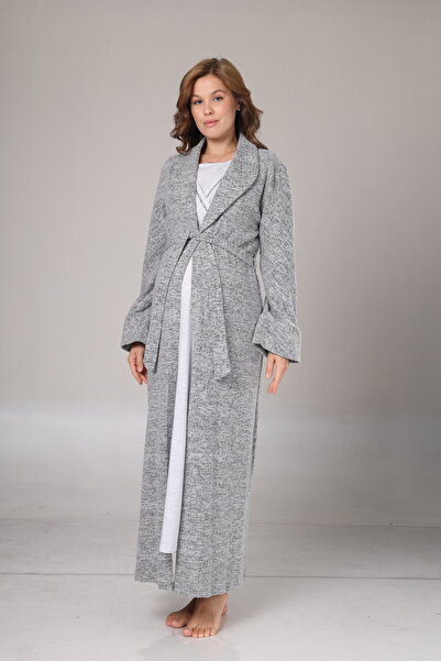Rimel Homewear Winter Grey Fleece Dressing Gown Maternity Nightgown Set