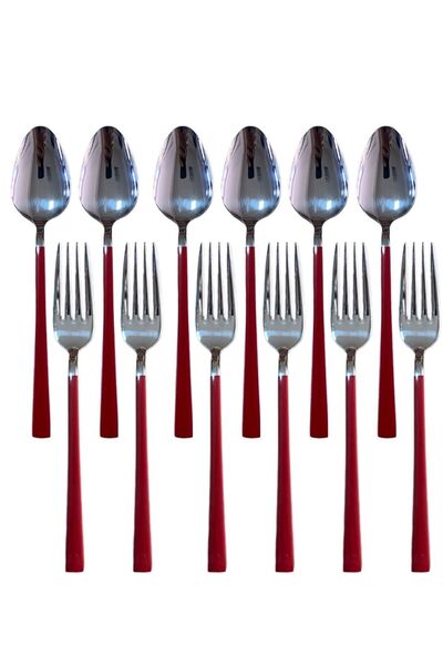 Atlas Mutfak طقم شوكة وملعقة حلوى حمراء فضية لامعة - طقم ملعقة شوكة حلوى كعكة...