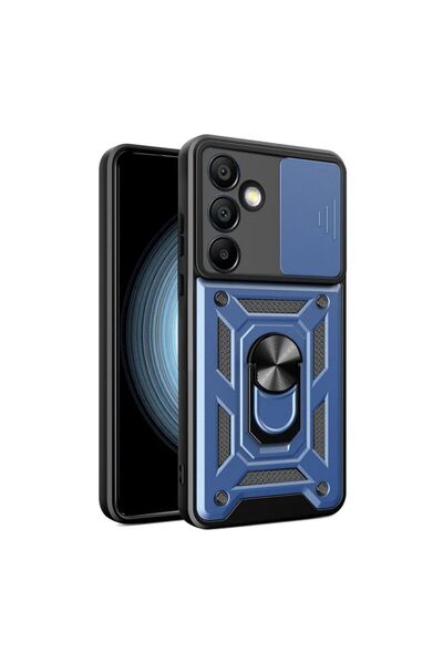 HANPORIUM غطاء خارجي مدرع متوافق مع هاتف سامسونج جالاكسي A17 مع حامل وحلقة - أزرق داكن