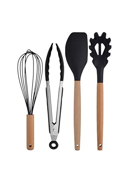 Atlas Mutfak Black Bamboo Silicone Serving Set Ladle, Spoon, Colander, Pasta,...