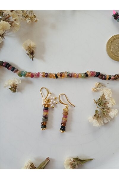 Mudita Tasarım Orijinal gerçek doğal Turmalin taşı ve kum inci tasarım küpe