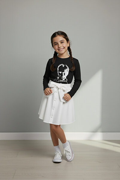 FATELLA Kız Çocuk Siyah Uzun Kol Atatürk Tişört Beyaz Kloş Etek Gösteri Takım 23 Nisan 29 Ekim 10 Kasım