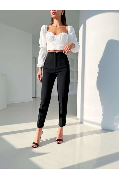 bysoca Kadın Siyah Yüksek Bel Önü Pens Dikişli Bilek Boy Havuç Kesim Slim Fit Kumaş Pantolon