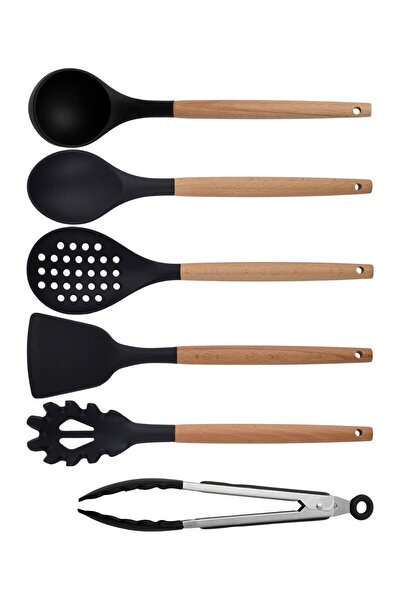 Atlas Mutfak Black Bamboo Silicone - Set of 6 Utensils: Ladle, Spoon, Colande...