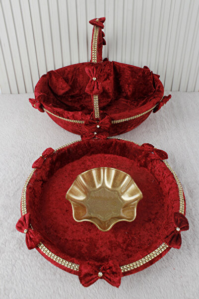 Mortex Bordo Kadife Fiyonk Su Taşlı Tepsi Sepet Takımı Kına Gecesi Düğün Nişa...