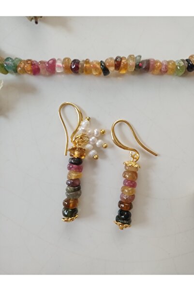 Mudita Tasarım Orijinal gerçek doğal Turmalin taşı ve kum inci tasarım küpe