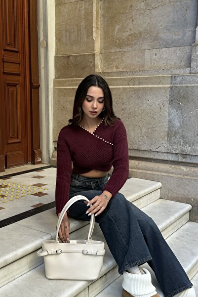 New Now Swan Pearl Detail Double-Breasted Long Sleeve Knit Top