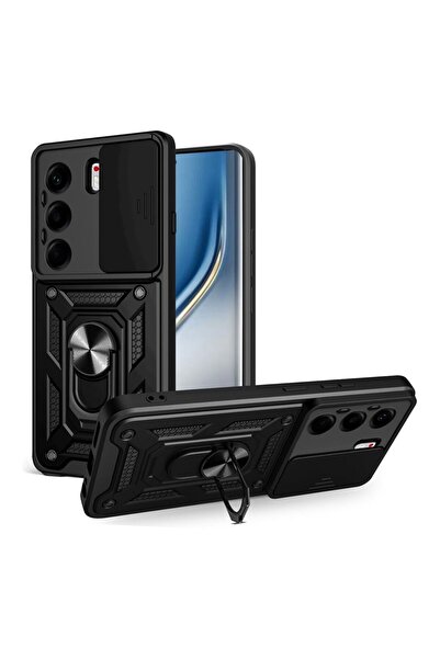 HANPORIUM غطاء حماية خارجي مدرع لهاتف تكنو كامون 40 برو 5G مع حلقة وحامل - أسود