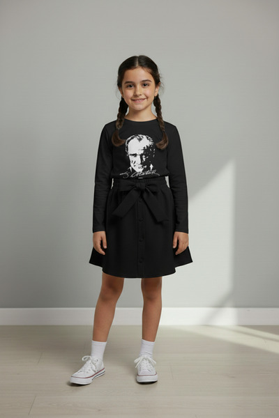 FATELLA Kız Çocuk Siyah Uzun Kol Atatürk Tişört Siyah Kloş Etek Gösteri Takım 23 Nisan 29 Ekim 10 Kasım
