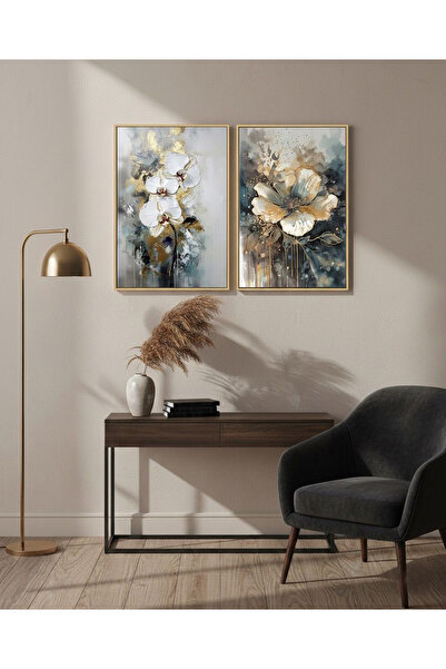 Linacci 2li Gold Metal Çerçeve Lacivert Beyaz Çiçek Camlı Tablo Seti