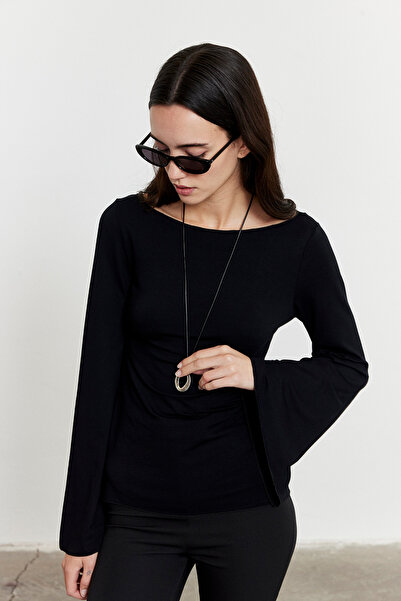 FACETTE Batwing Sleeve Boat Neck Blouse Black