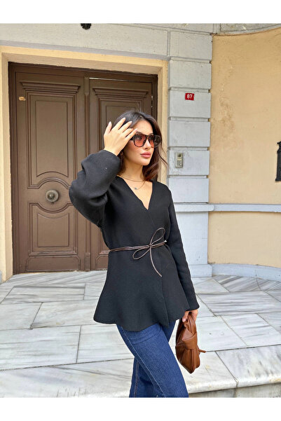 Lusin Women's Black Leather Rope Detail Knit Cardigan