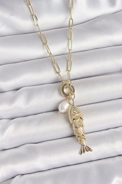 Skygo Gold Color Brass Necklace with Pearl Detail and Zircon Stone Fish Figur...
