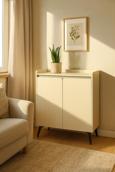 MARIA HOMES Modern Bouguer Storage Cabinet – 2-Door Wooden Sideboard with Metal Legs 80×32×95 cm