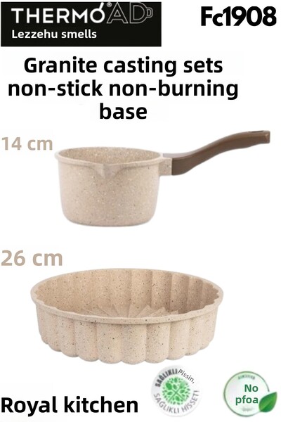 ThermoAD 28 cm Granite Cast - Mink Colored Milk Bowl, Sauce Bowl and Pancake Pan with Smiling Face Emoji