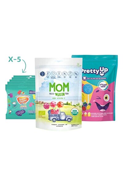 MOM مصاصة عضوية 58 جم وجميلة 55 جم من الجليبون الخالي من السكر - قرص فيتامين ومعادن سعيد 20 جم × 5