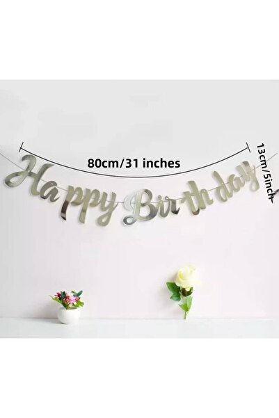 BalonEvi Silver Happy Birthday Calligraphy Banner Lettering