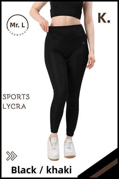 missmaral Women's High Waist Recovery Sports Tights Black / Khaki Stripe Detailed Lycra Diver 1041