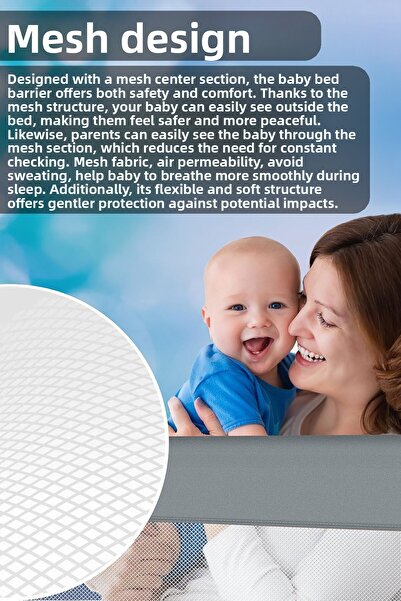 Meleni Baby 150X42 cm Folding Baby Bed Barrier - Protective Base Railing Protection Safety Barrier Gray