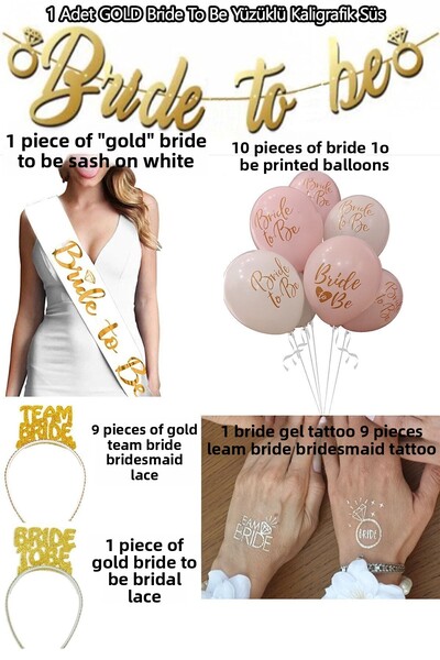 Parti dolabı Wedding Dress Set - 1 Sash, 10 Balloons, 10 Tattoos and 10 Crowns (Veda Concept Gold)