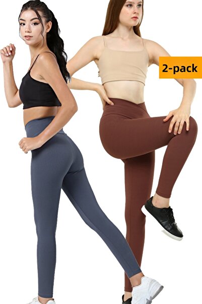 VOSSAX 2-Piece Leggings Ribbed High Waist Recovery Sports Leggings Cross Waist Detailed Indigo + Brown