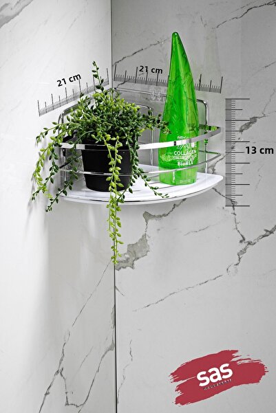 Sas Haus رف زاوية للاستحمام في الحمام ذو لاصق واحد - رف كريستالي قابل للتعديل (لصق/براغي) باللون الأبيض الكروم