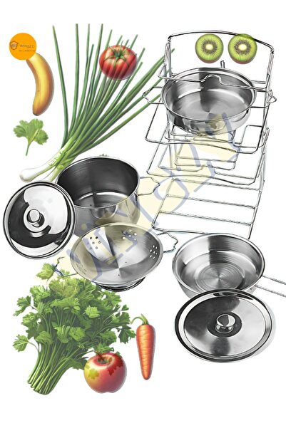 Wingzy طقم ألعاب وعاء من الفولاذ مع رف، 7 قطع، مجموعة ألعاب مطبخ للأطفال، طقم...